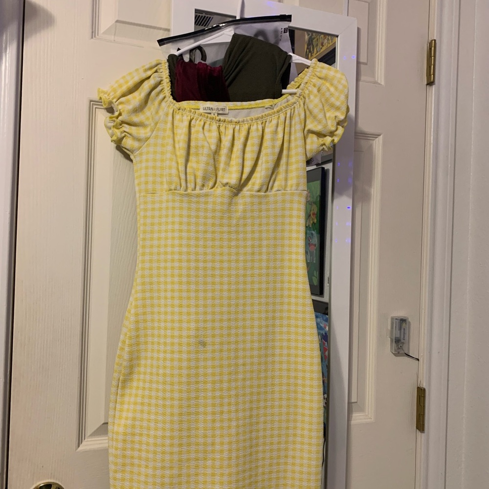 Ultra Flirt Yellow Checkered Off-Shoulder Dress